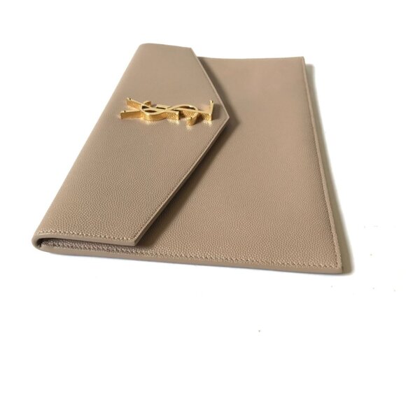 Saint Laurent YSL Uptown Bag Purse Clutch Pouch Womens Leather Beige Envelope - Picture 5 of 12